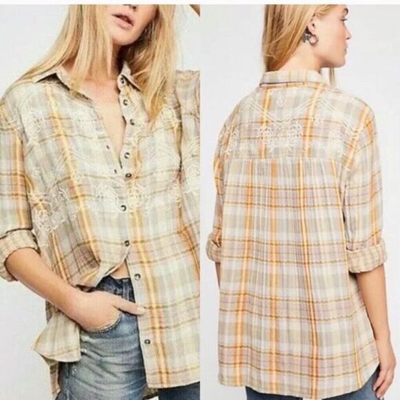 Free People Magical Plaid Embroidered Button Long Sleeve Top Gray & Orange Small - Picture 1 of 12